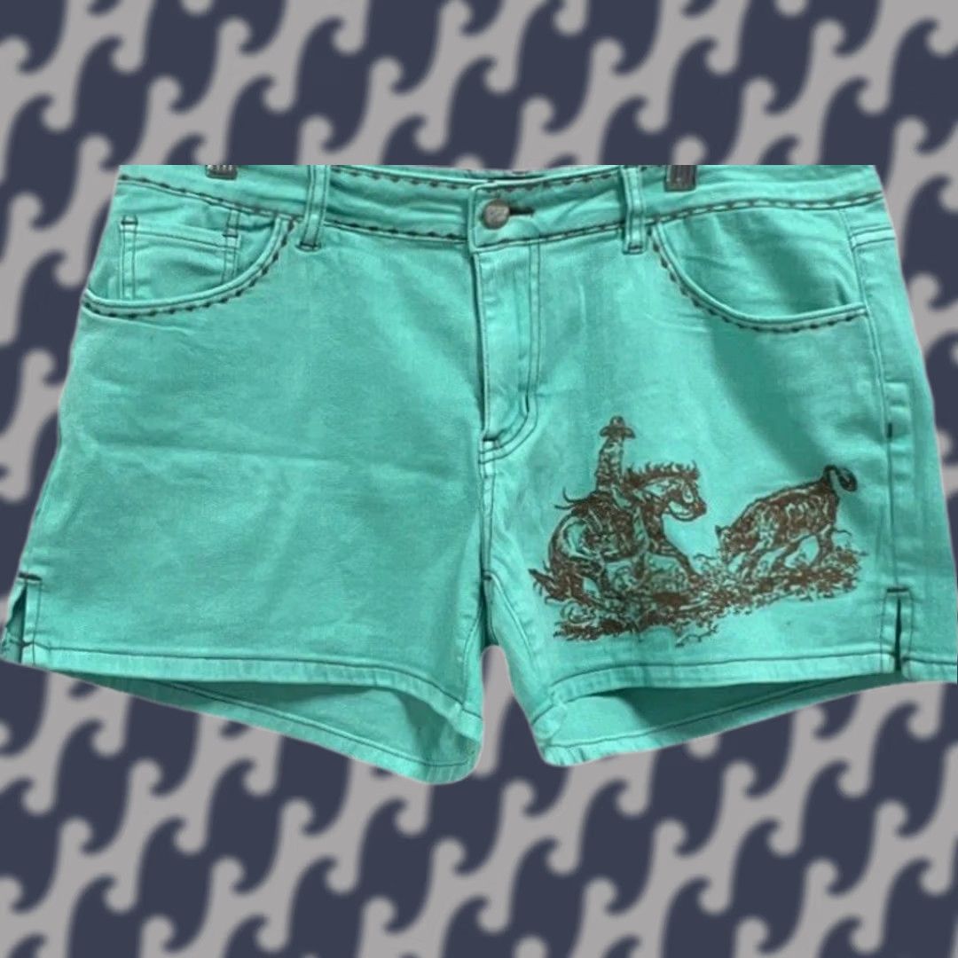AQUA Sterling Kreek Shorts Womens L Aqua Denim Western Graphic Mid Rise Stretch Size 36" / US 14 / IT 50 - 1 Thumbnail