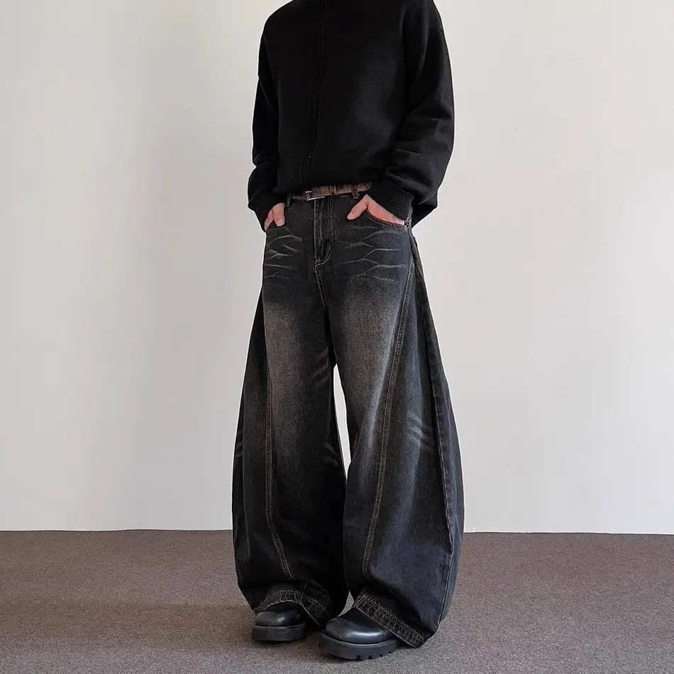 Japanese Brand Retro loose straight leg spliced cat whisker jeans Size US 32 / EU 48 - 2 Thumbnail