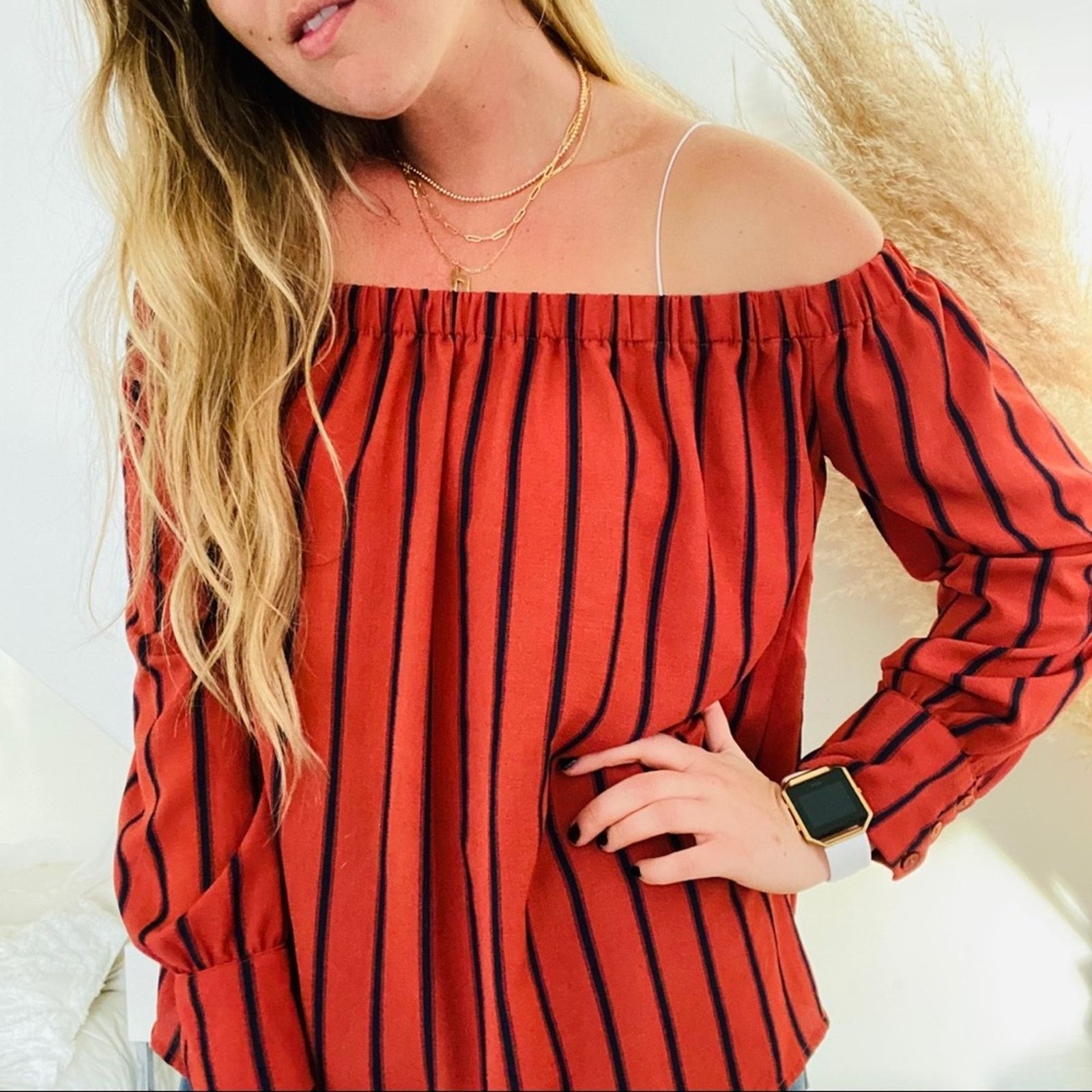 Urban Outfitters UO Off Shoulder Striped Red Long Sleeve Blouse Top Shirt Size M / US 6-8 / IT 42-44 - 2 Thumbnail