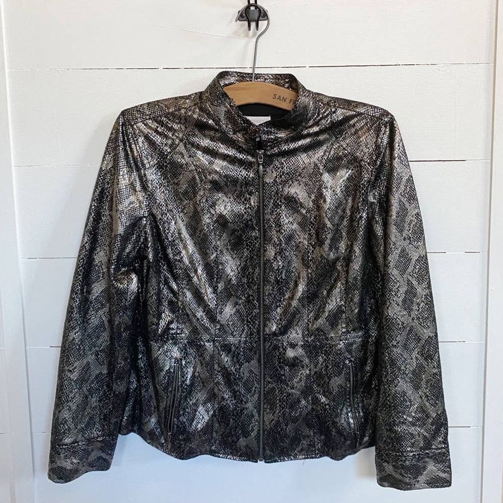 Chicos Chico’s Black Bronze Metallic Zip Jacket Snake Python Print Size M / US 6-8 / IT 42-44 - 2 Thumbnail