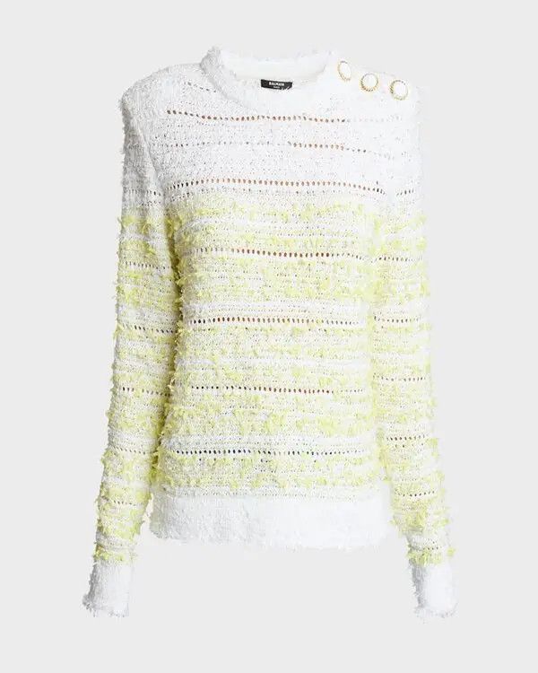 o1s1wg111025 Round-neck Tweed Pullover Top in White/Yellow