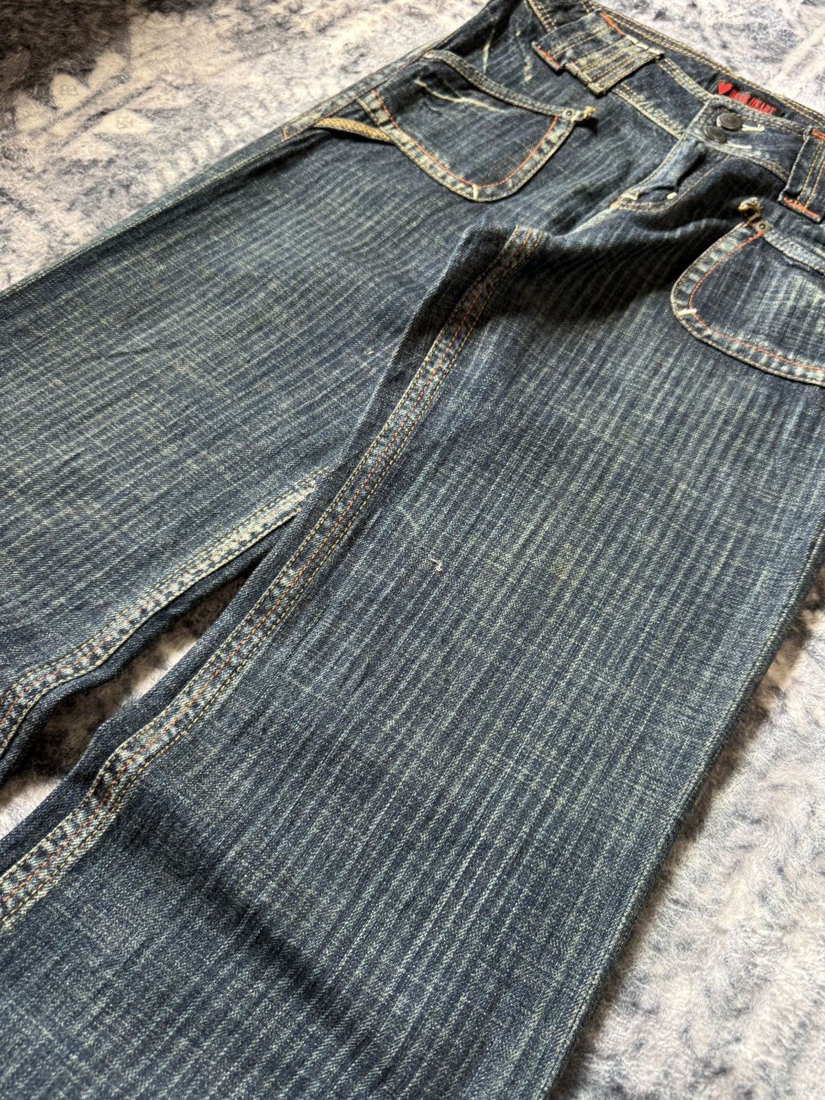 Le Grande Bleu (L.G.B.) Dear Heart Railroad Pinstripe Fade Flared Wide Leg Jeans Size US 28 / EU 44 - 5 Thumbnail