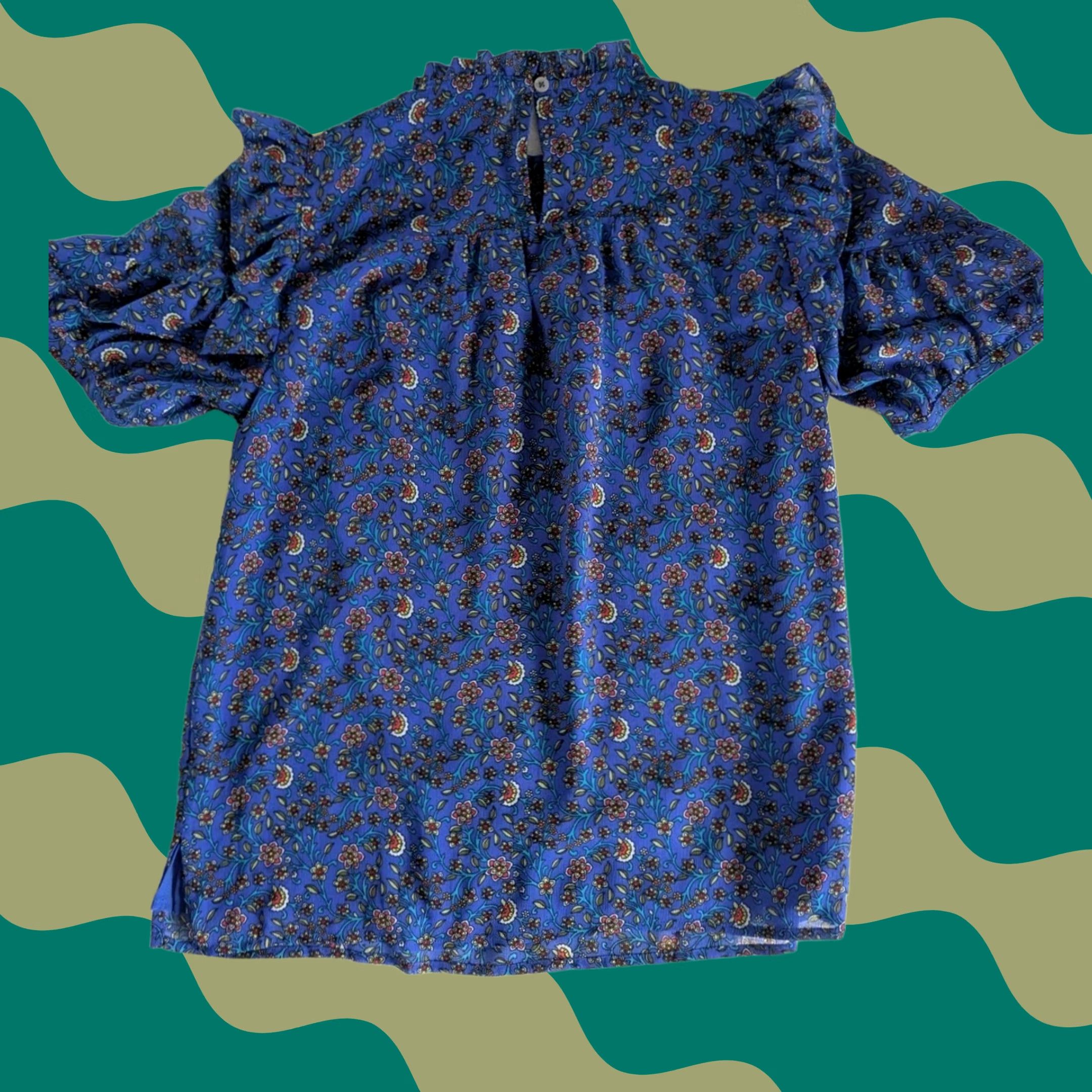 Loft SZ Loft Short Sleeve Blue Floral Ruffle Blouse Women's XS Lined Boho Feminine Shirt Dress? Size XS / US 0-2 / IT 36-38 - 1 Thumbnail