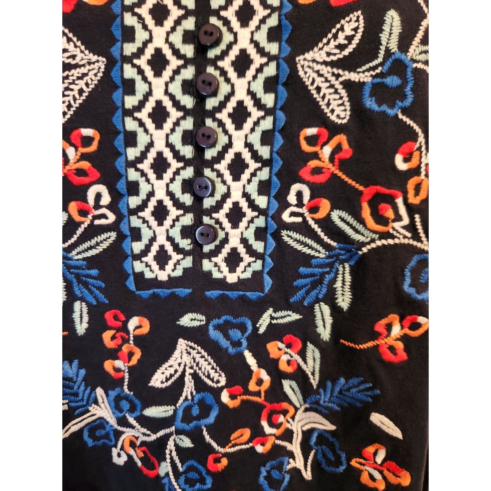 Avenue Avenue Navy Blue Embroidered Floral Smocked Trim Peasant Top Hippie Boho 18/20 Shirt Women Mens: N/A Size XXL / US 16-18 / IT 52-54 - 2 Thumbnail