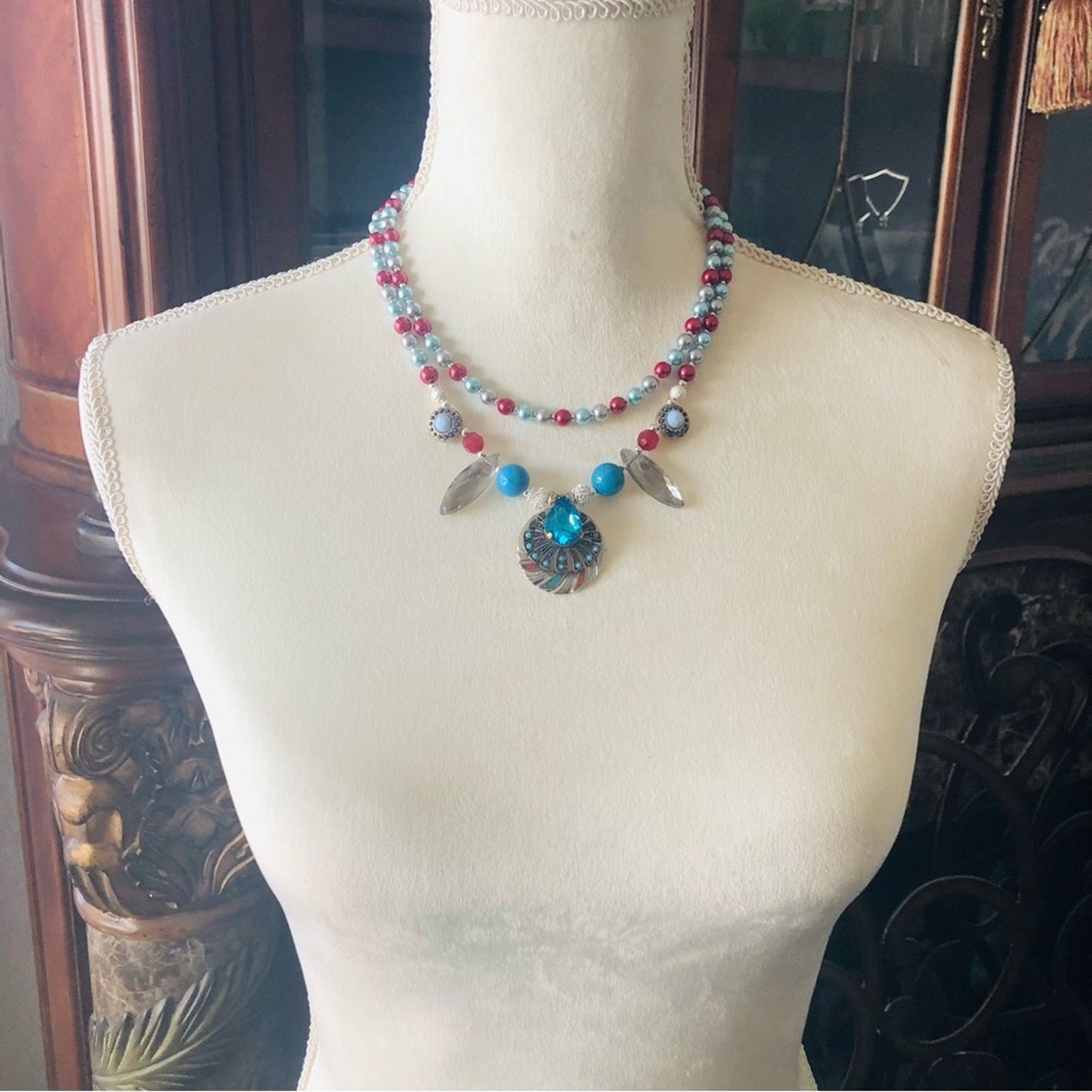 Handmade Handcrafted repurpose double strand turquoise Pearl necklac Size ONE SIZE - 5 Thumbnail