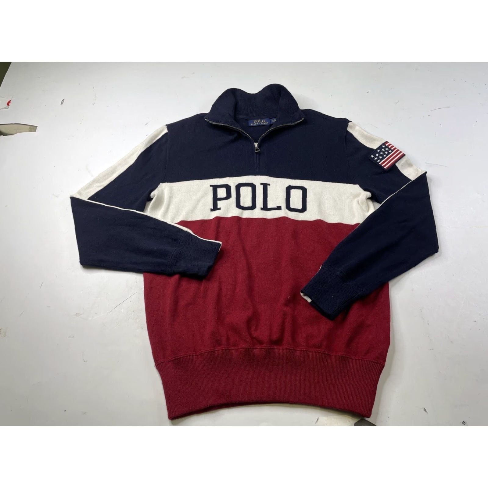 Polo Ralph Lauren Polo Ralph Lauren Sweater Shirt 1/4 Zip Multicolor Knit Cotton Classic Regular Men S Fall Spring Winter USA Flag Colorblock Spinout Size US S / EU 44-46 / 1 - 2 Thumbnail