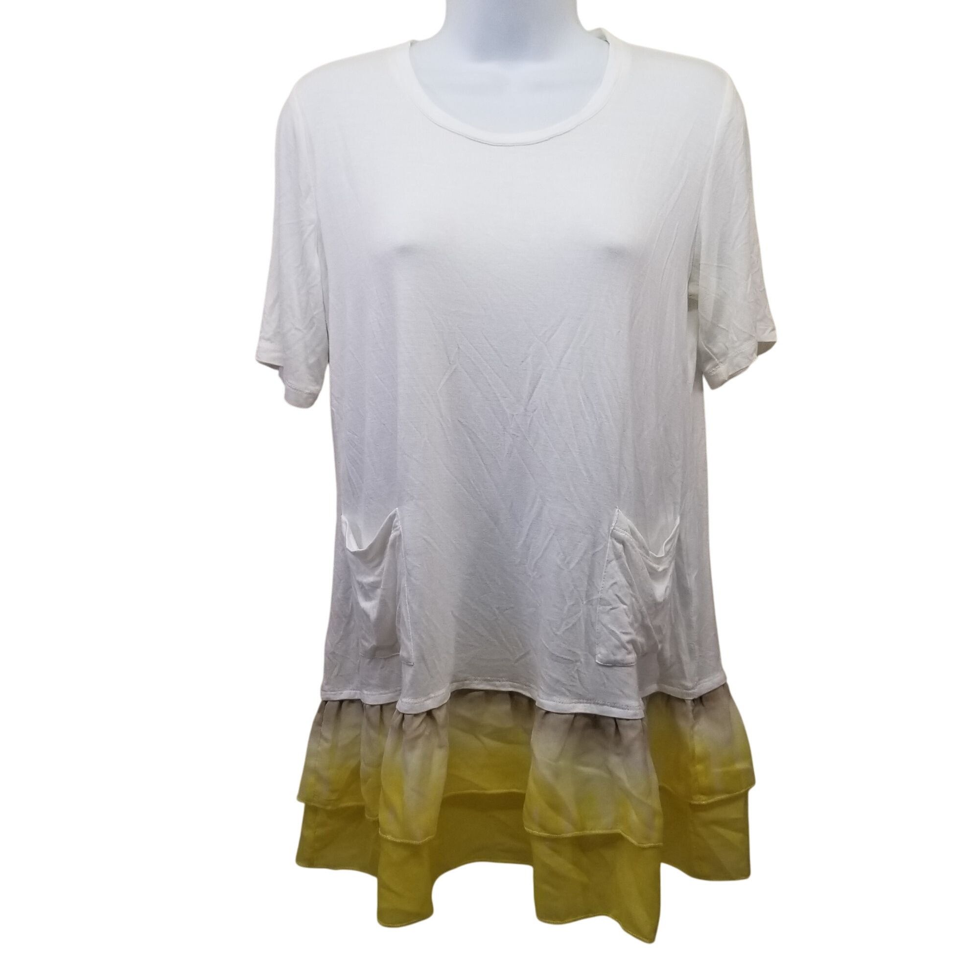 Other LOGO S White Yellow Tunic Top Stretch Knit Ruffle Hem Lori G Size S / US 4 / IT 40 - 2 Thumbnail