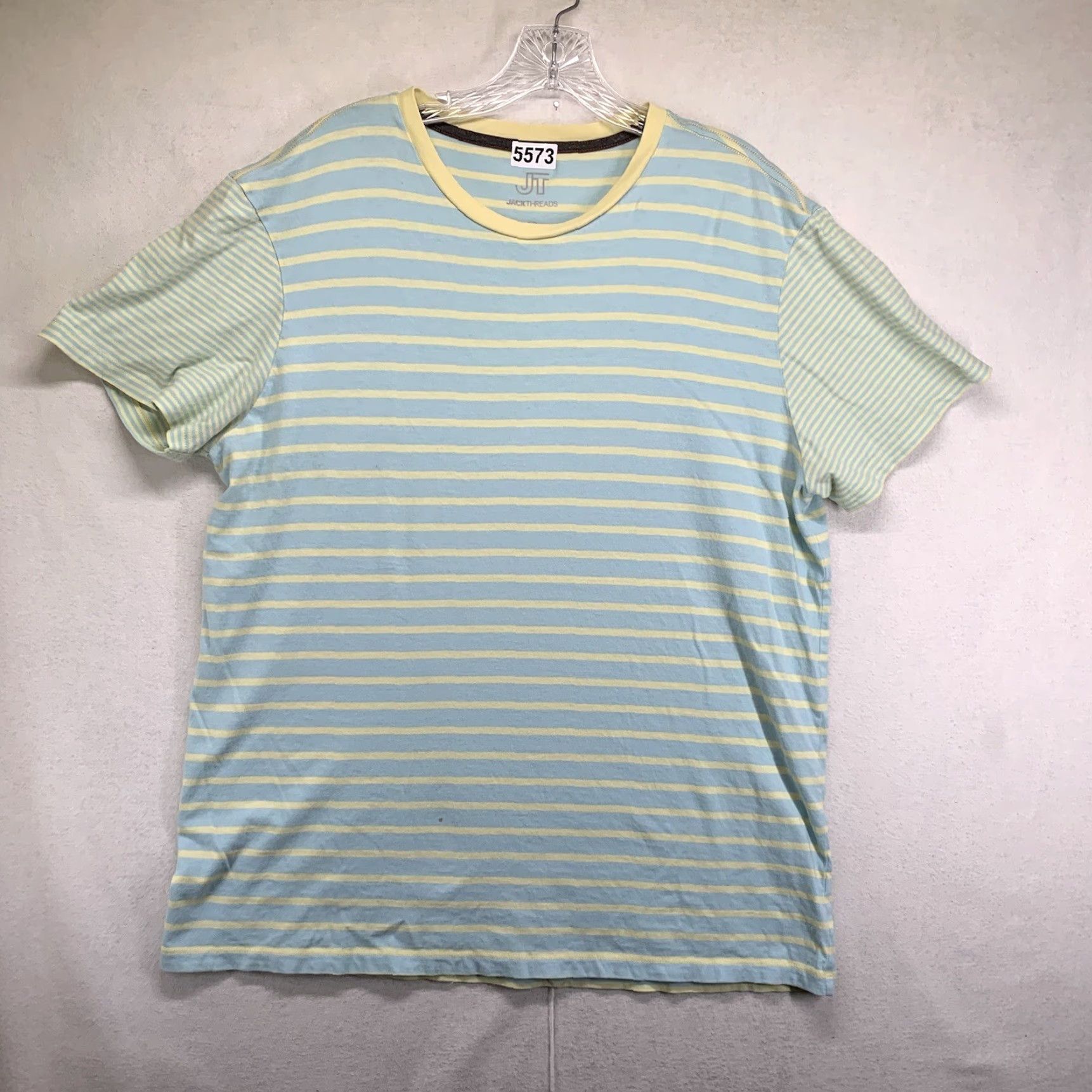 Vintage JACK THREADS Men's T-Shirt Large Striped Blue Yellow 80s Punk USA Size US L / EU 52-54 / 3 - 3 Thumbnail