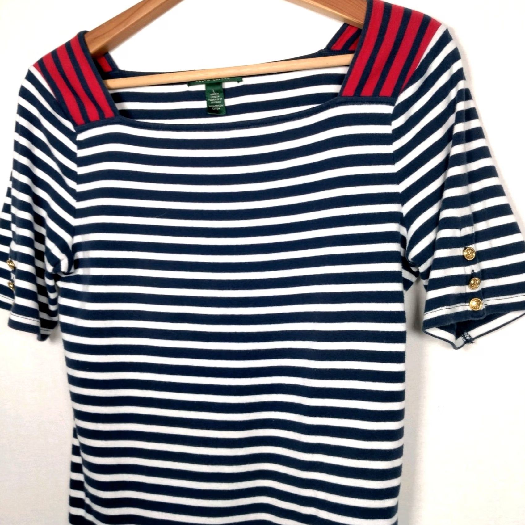 Ralph Lauren VINTAGE Lauren Ralph Lauren Shirt Women L Blue White Nautical Sailor Striped Gold Button Size L / US 10 / IT 46 - 2 Thumbnail