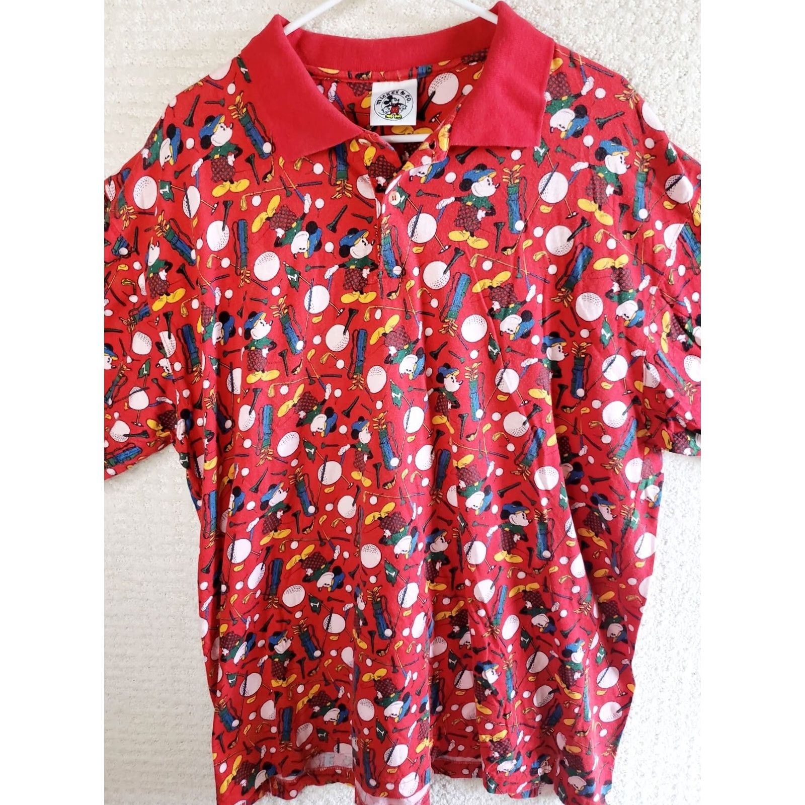Disney VINTAGE Mickey & Co. Golf Polo Shirt XL Red Shirt Mens 90s Mickey Golfing Pattern Button-Up Polo Size US XL / EU 56 / 4 - 2 Thumbnail