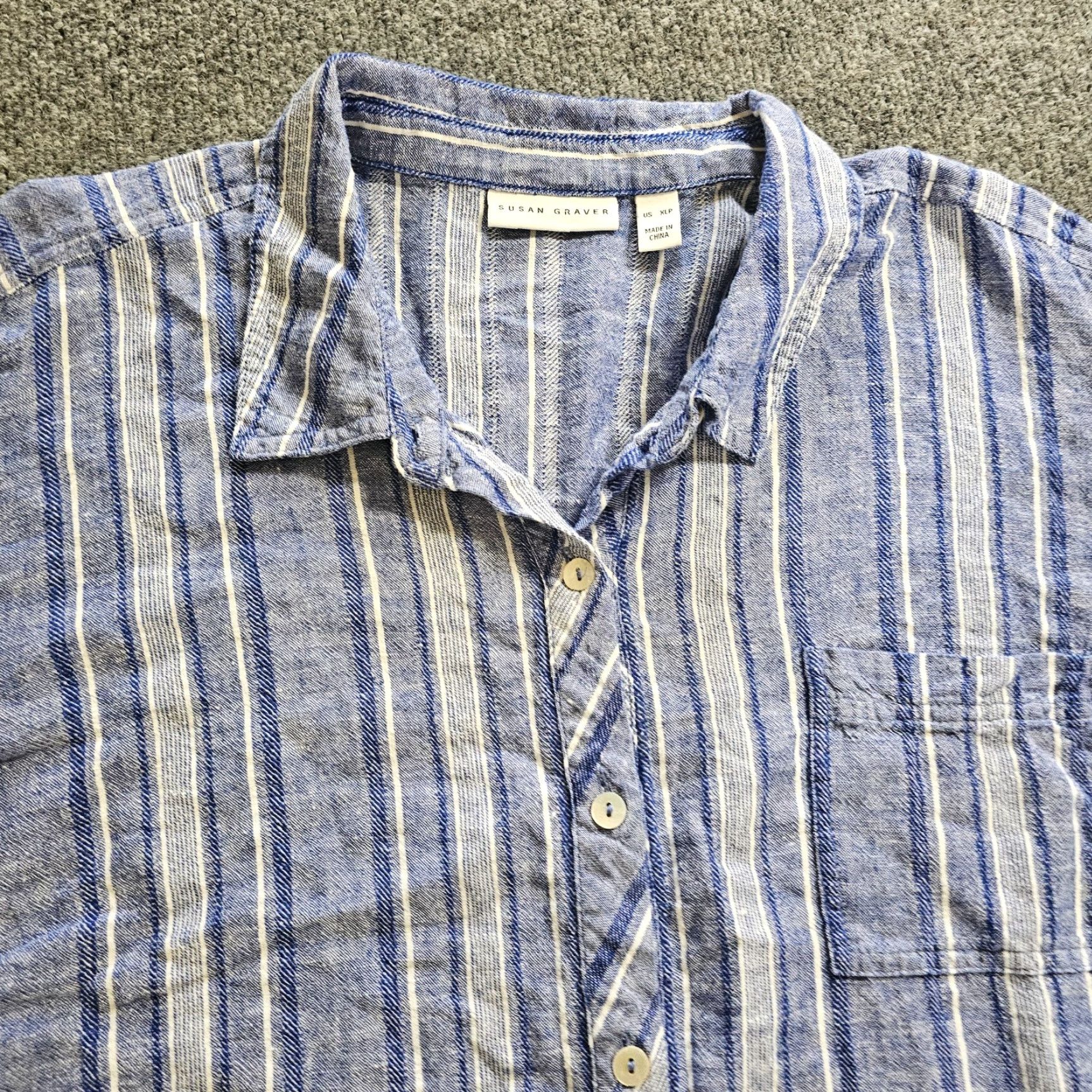 Vintage Susan Graver Top Women XL Petite Blue Linen Striped Button Long Sleeve Casual Blouse Size XL / US 12-14 / IT 48-50 - 2 Thumbnail