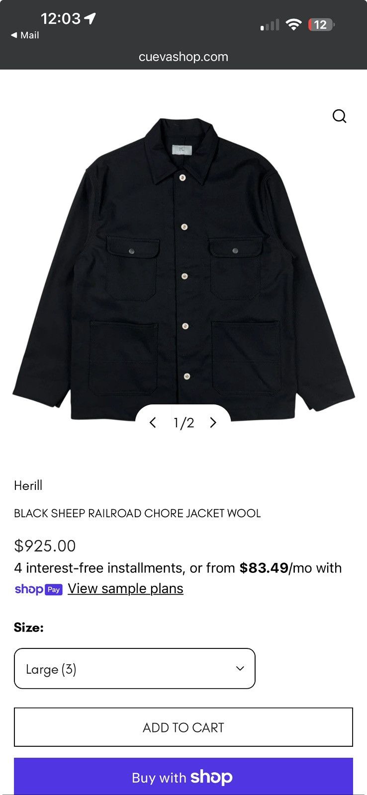 Herill Herill Black Sheep Wool Railroad Chore Jacket XL (4) Japan Size US XL / EU 56 / 4 - 13 Thumbnail