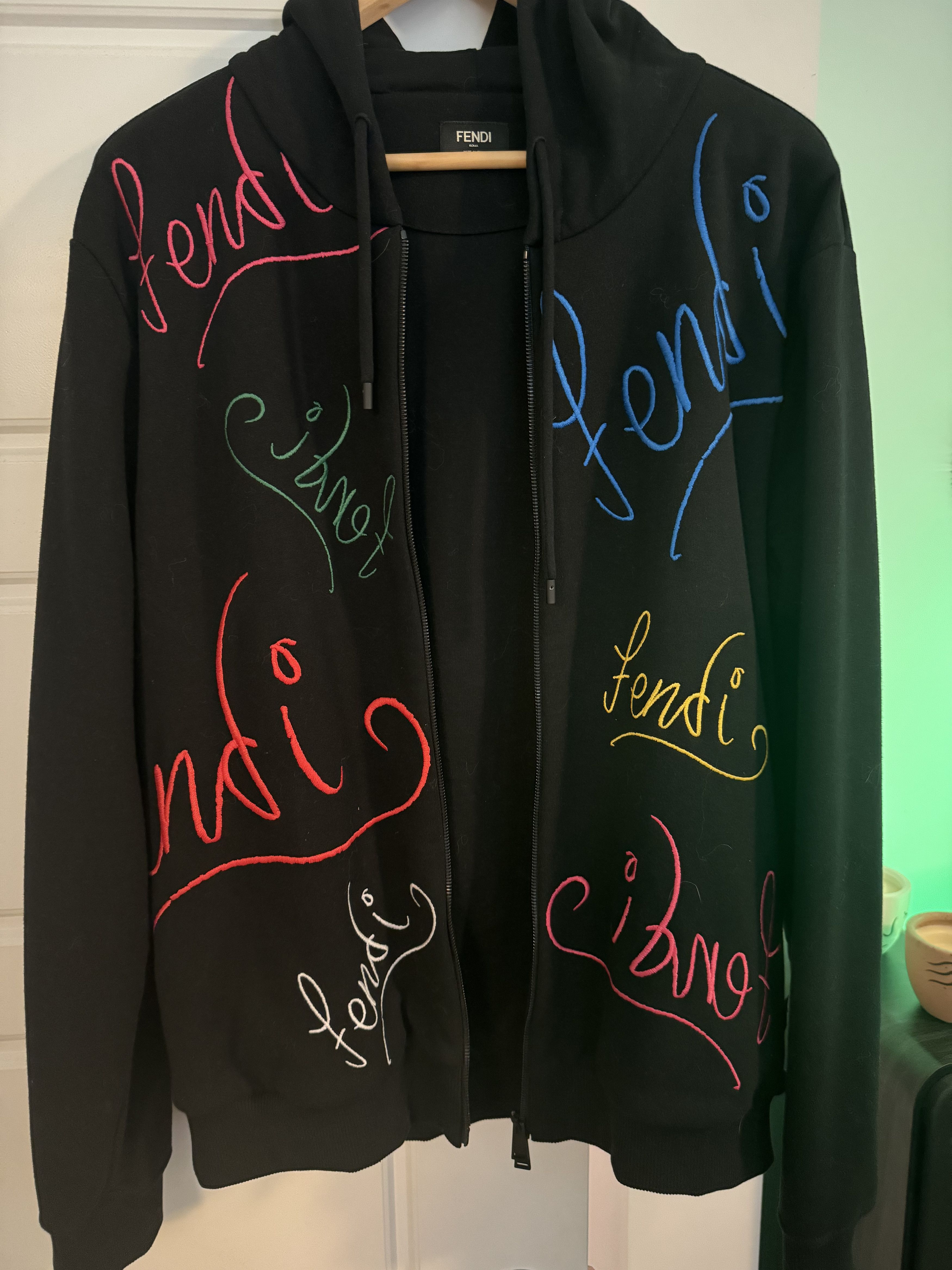 Fendi Men's Black Full-Zip Hoodie (Multicolor Print)