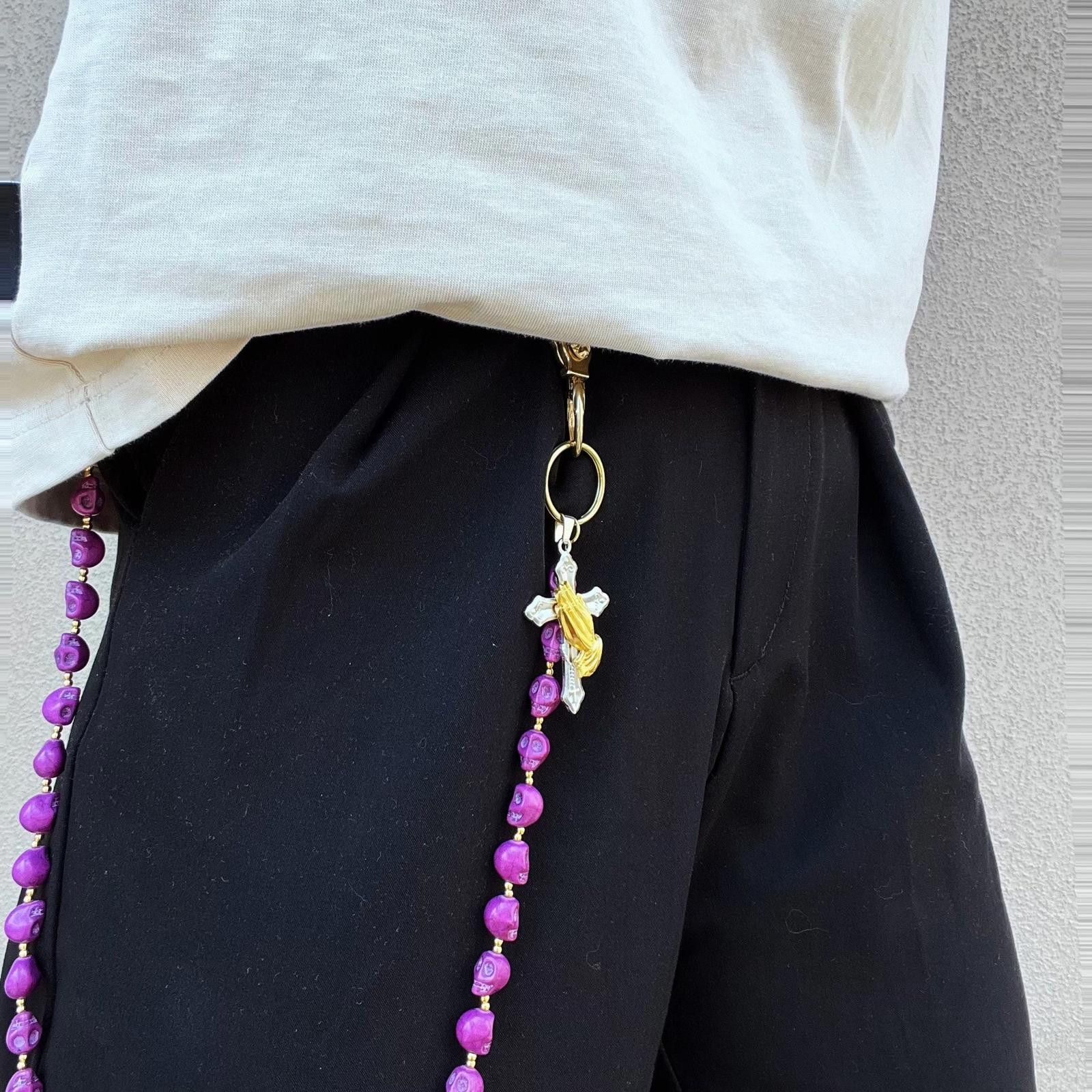 Other Skull Purple Beaded Cross Keychain, Belt Chain, Pants Chain Size ONE SIZE - 3 Thumbnail