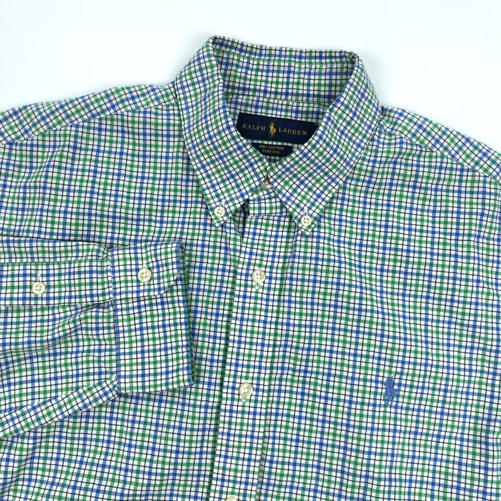 Ralph Lauren Ralph Lauren Men's L Button-Down Cotton Stretch Plaid Gingham Check Shirt, Green Blue White, Long Sleeve, Embroidered Logo, Regular Fit Size US L / EU 52-54 / 3 - 2 Thumbnail
