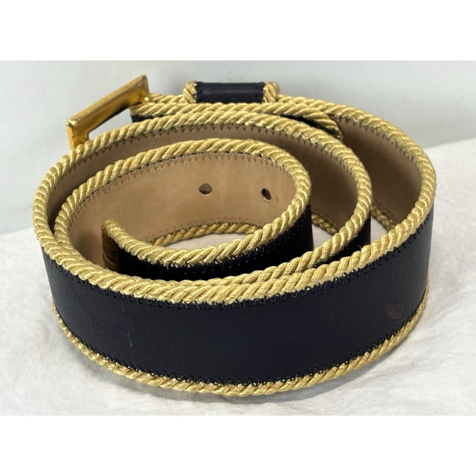 Vintage VINTAGE Joan & David Too Belt Navy Calfskin Leather Regular M 1.5” Gold Cord Trim Military 80s Womens Blue Size ONE SIZE - 3 Thumbnail
