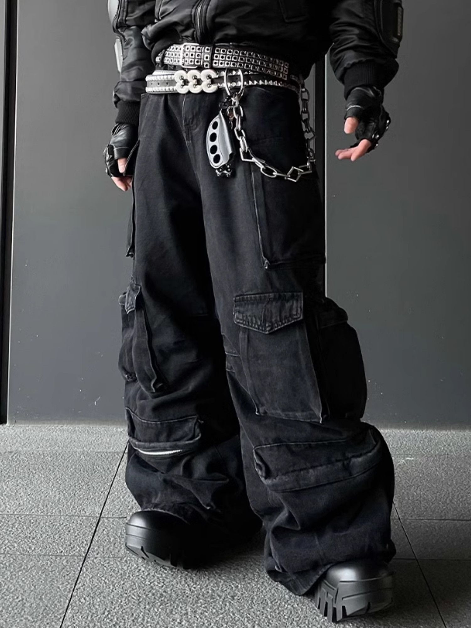 Black Baggy Cargo Denim Jeans