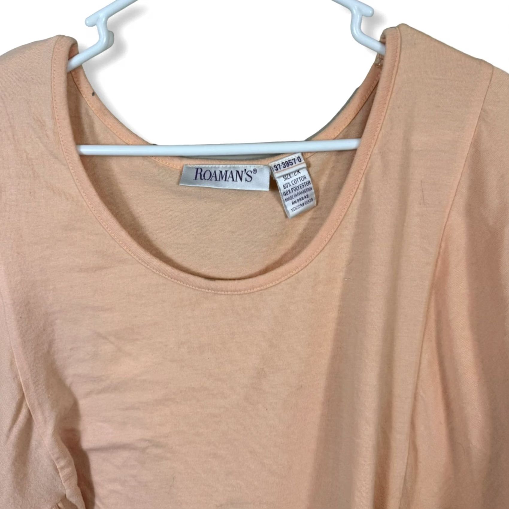 Vintage Roaman’s Blouse Women's 2X Peach Knit Short Sleeve Round Neck Pullover Tunic Plus Size Size XXL / US 16-18 / IT 52-54 - 3 Thumbnail