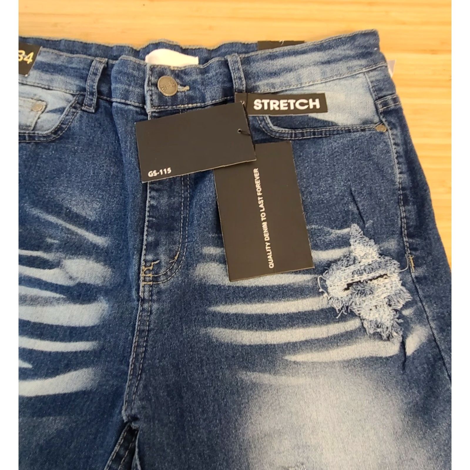 Denime GS-115 Premium Denim Jeans Pants Mens Size 34 X 30 Stretch Blue Distressed Jeans Distressed Blue XS? Size US 34 / EU 50 - 3 Thumbnail