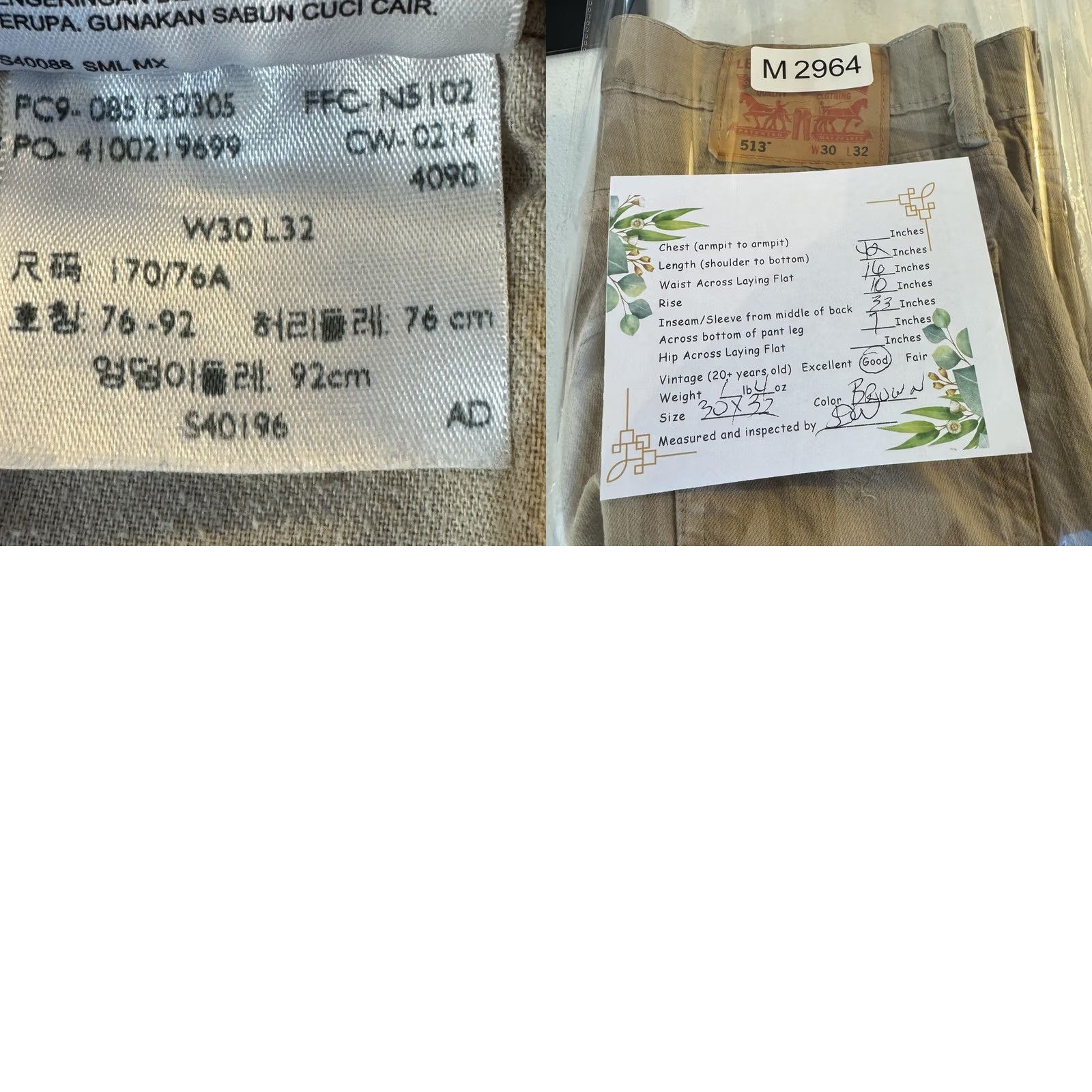 Levi's VINTAGE Levis 513 Jeans Mens 30x32 Khaki Slim Straight Stretch Denim Beige Zip Fly Size US 30 / EU 46 - 8 Thumbnail