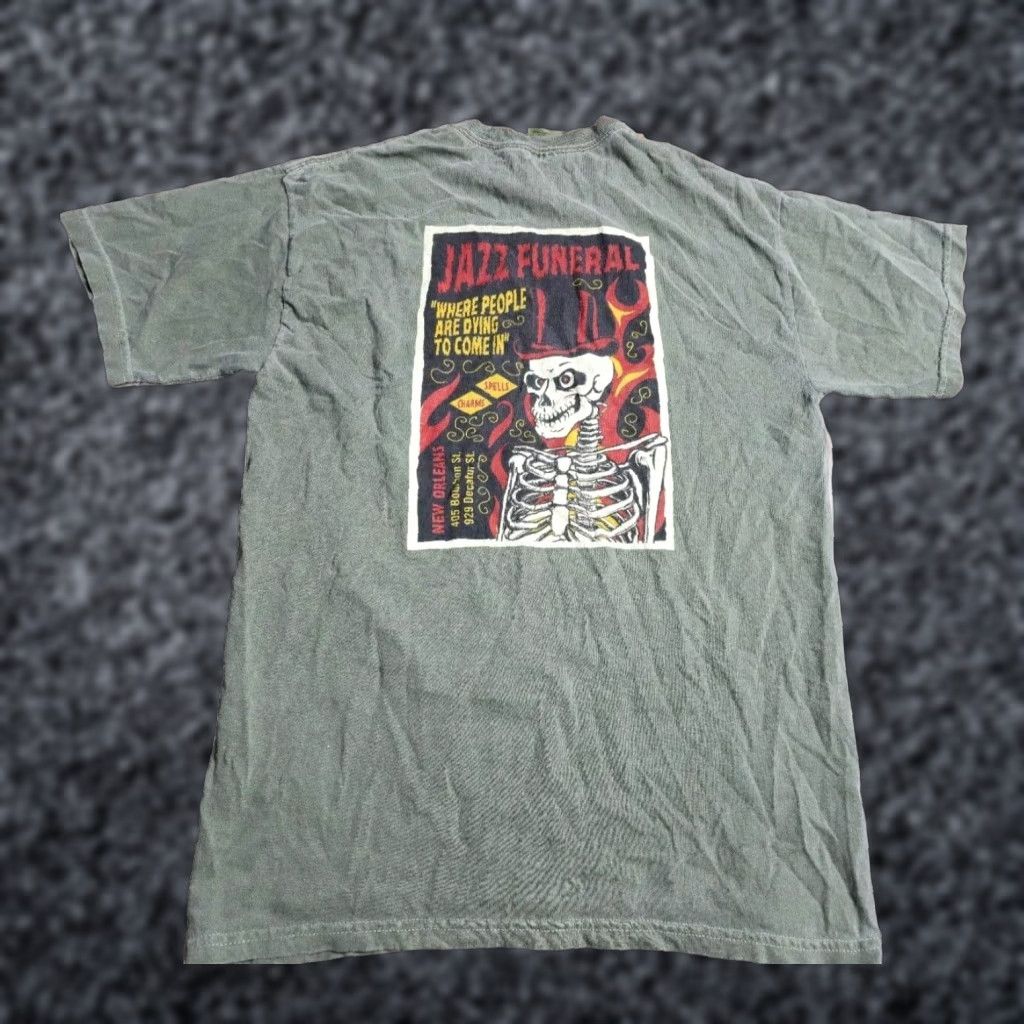 Gildan Mens Gildan Short Sleeve T Shirt Green Double Sided Jazz Funeral Skeleton New Orleans M Size US M / EU 48-50 / 2 - 1 Thumbnail