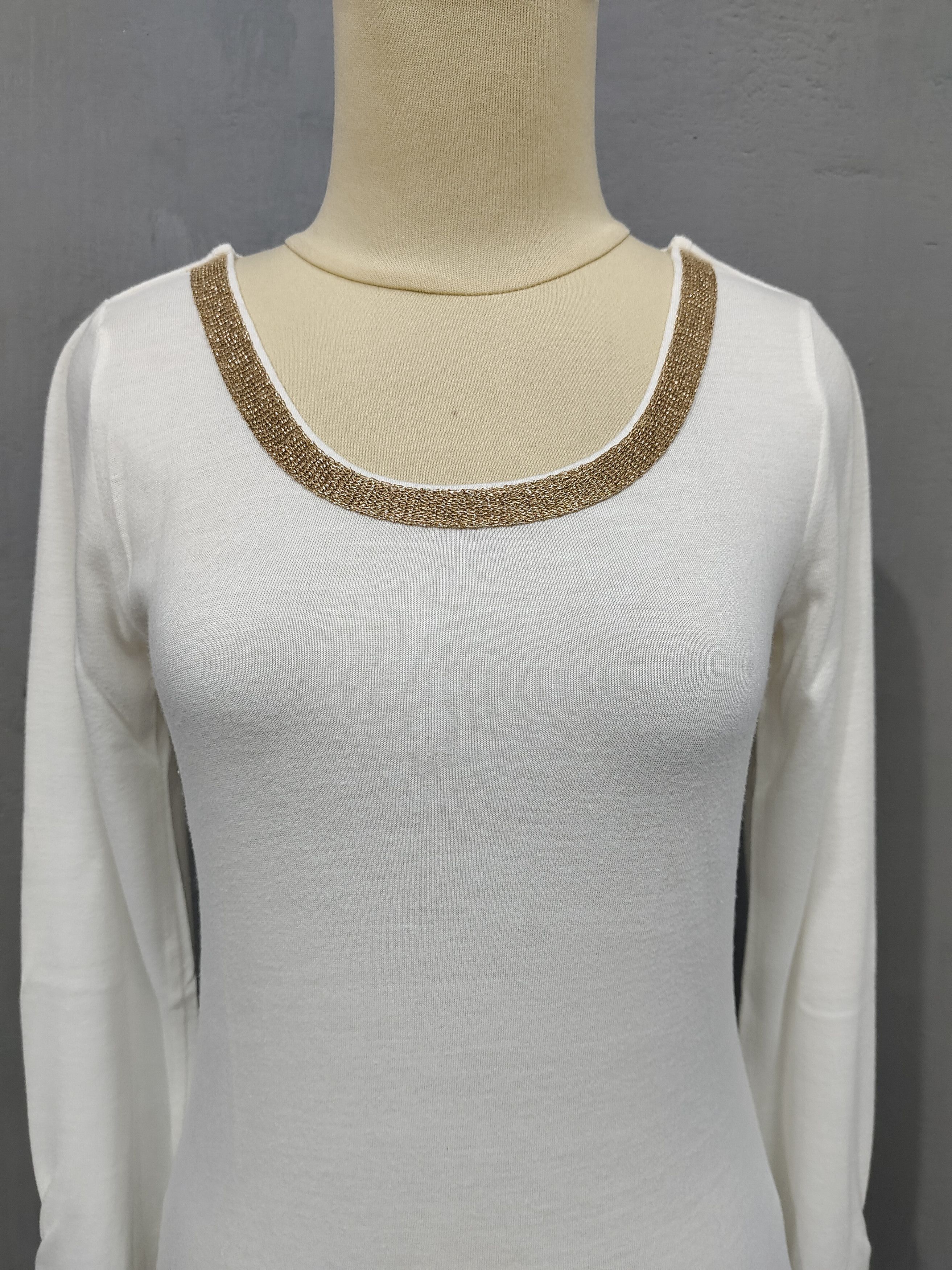 Japanese Brand GROVE🇯🇵 Gold Trim Scoop Neck Rayon Blend Long Sleeve Size M / US 6-8 / IT 42-44 - 2 Thumbnail