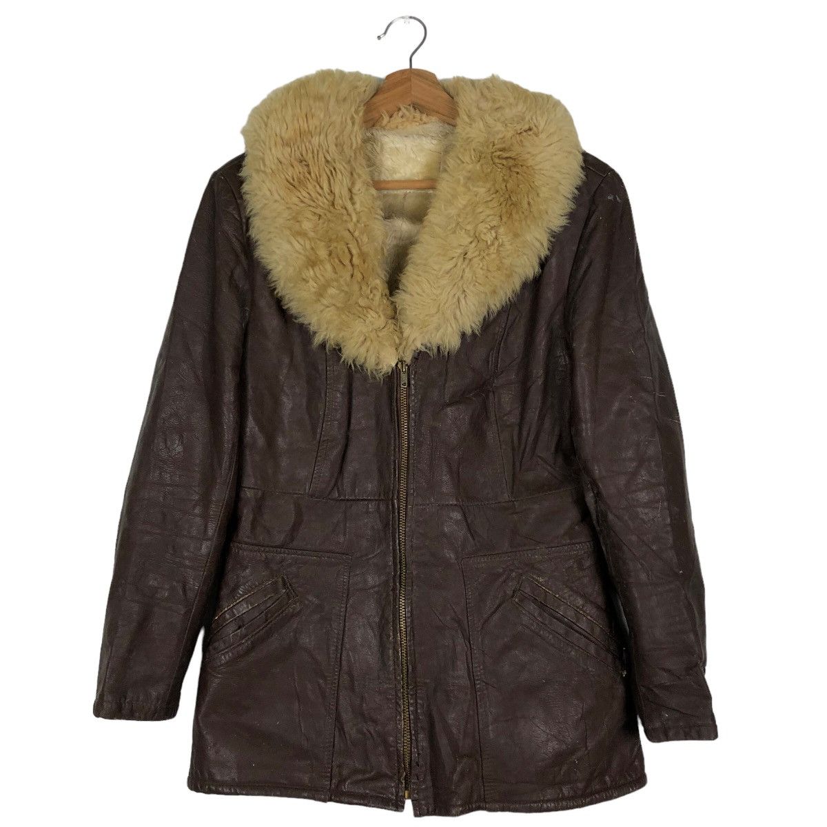 🔥Vintage Leather Jacket Biker Mink Fur Collar Racing