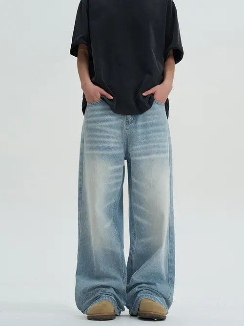 Jean Blue Washed Baggy Denim Jeans, Loose Wide Leg Jeans Size US 30 / EU 46 - 8 Thumbnail