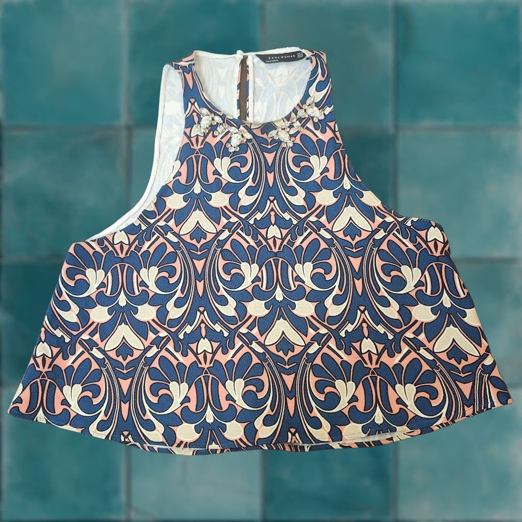 Zara Zara Woman XS Embellished Sleeveless Baroque Print Top Tank Multicolor Casual Party/Cocktail Travel Juniors XS Womens Manually Non-Handmade? Size XS / US 0-2 / IT 36-38 - 1 Thumbnail