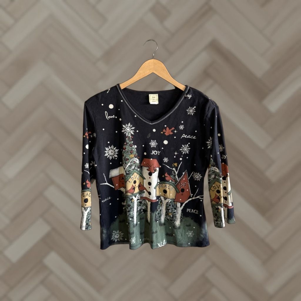 Vintage VINTAGE Jess & Jane Womens Black Christmas Print Long Sleeve V-Neck Shirt Medium Size M / US 6-8 / IT 42-44 - 1 Thumbnail
