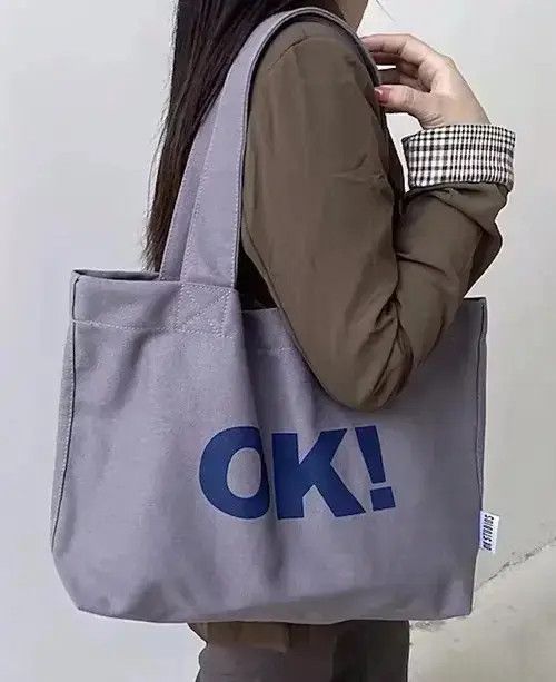 Retro Y2K Unisex Ok! Canvas Shoulder Tote Bag Aesthetic in Black, Men's