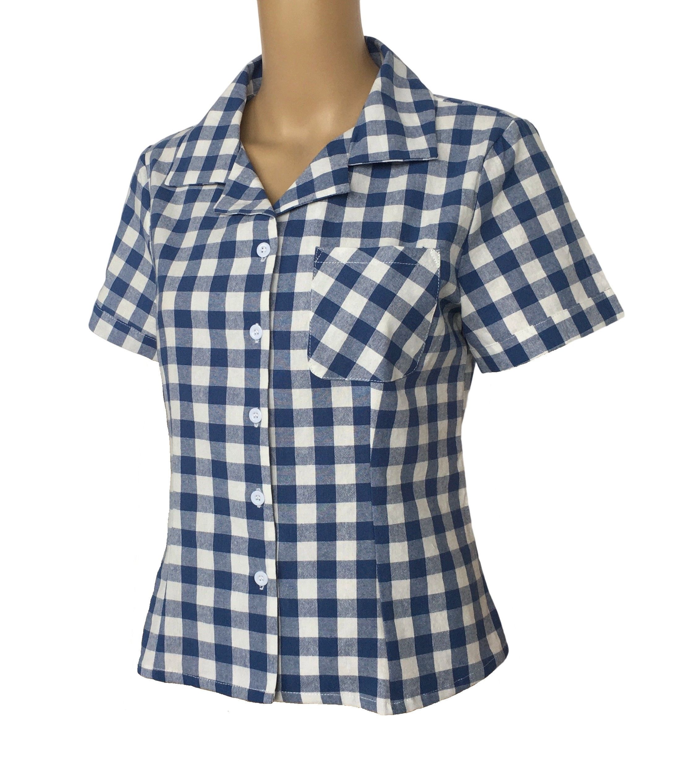 Other Women Shirt Casual Button Blouse Navy&White Checkered Size L / US 10 / IT 46 - 2 Thumbnail