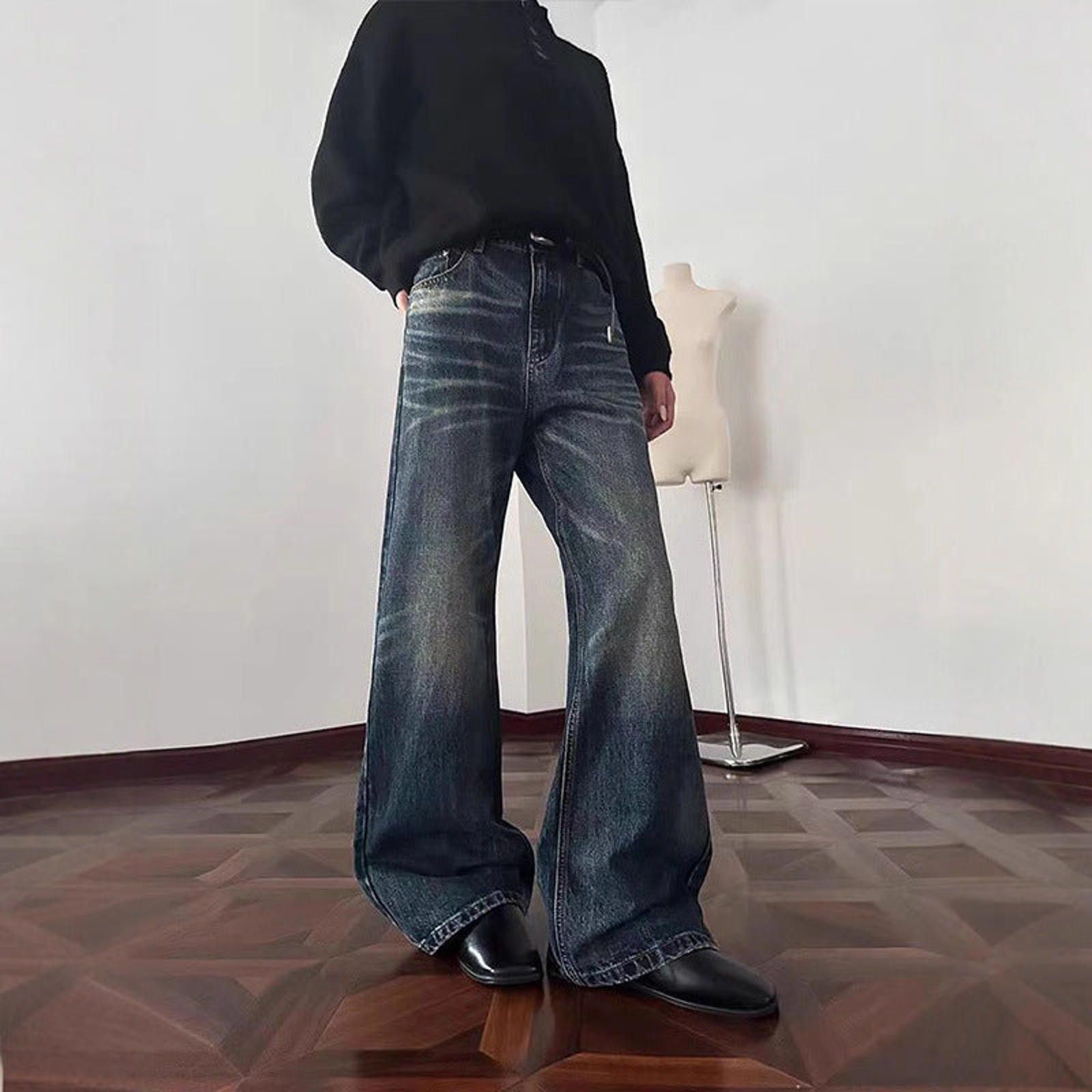 Vintage Black Wide Leg Denim Jeans, Vintage Washed Flared Jeans Size US 32 / EU 48 - 2 Thumbnail