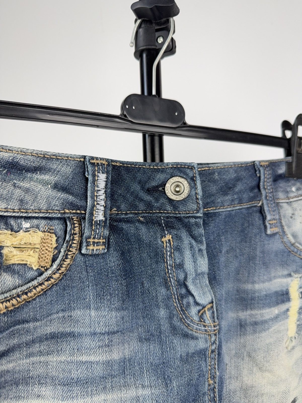 Japanese Brand Y2K Distressed Denim Mini Skirt Studded Pockets Grunge 90s Size 29" - 3 Thumbnail