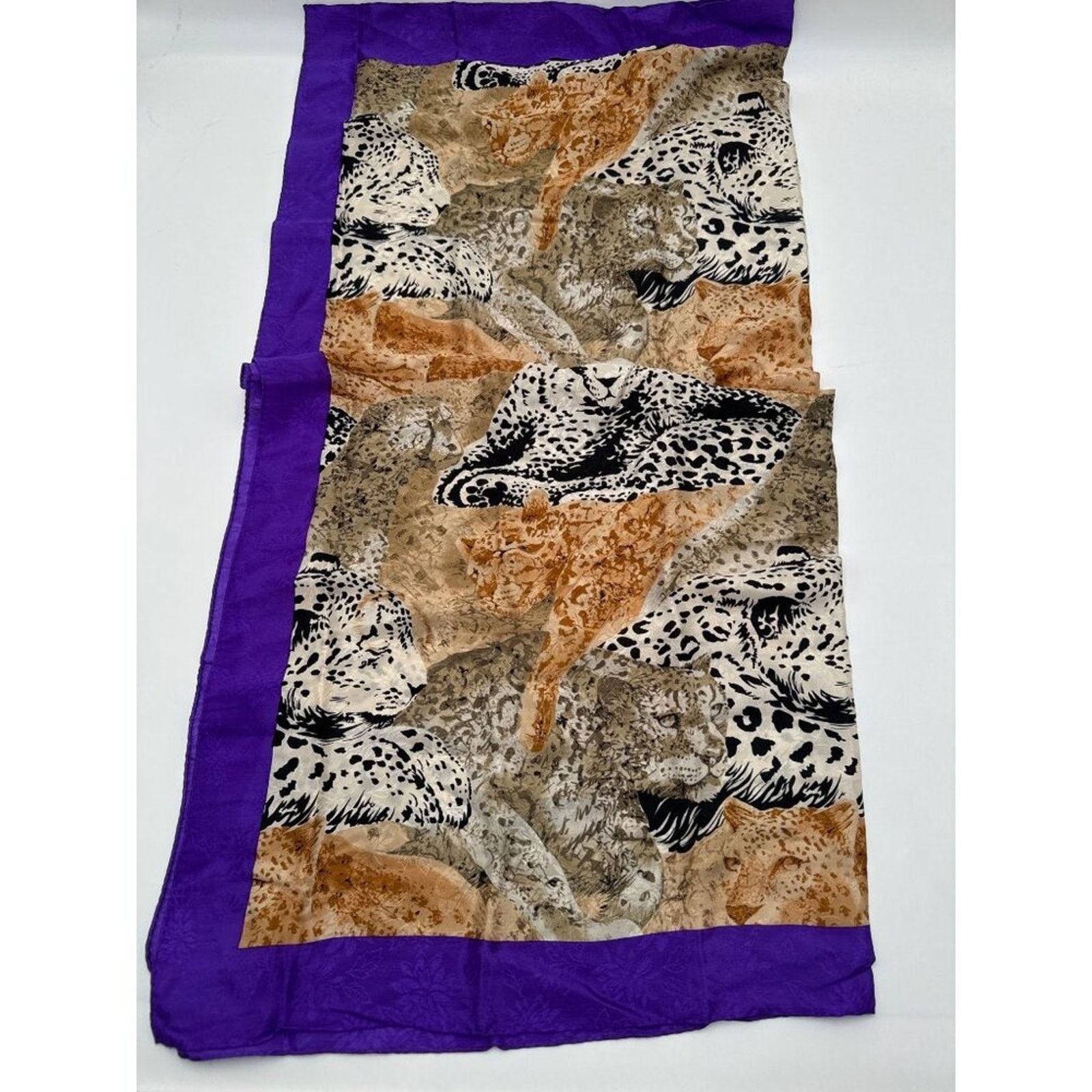 Albert Nipon Albert Nipon Scarf Vintage Leopard Print Purple Trim Silk Size ONE SIZE - 7 Thumbnail