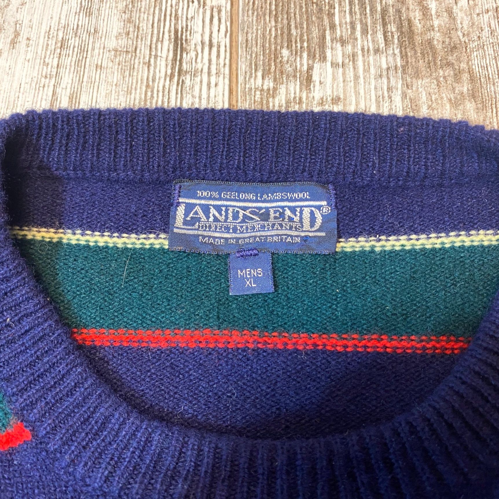 Lands' End VINTAGE Lands End Mens XL Blue Striped Geelong Lambswool Sweater Made Great Britain 7566 Size US XL / EU 56 / 4 - 6 Thumbnail