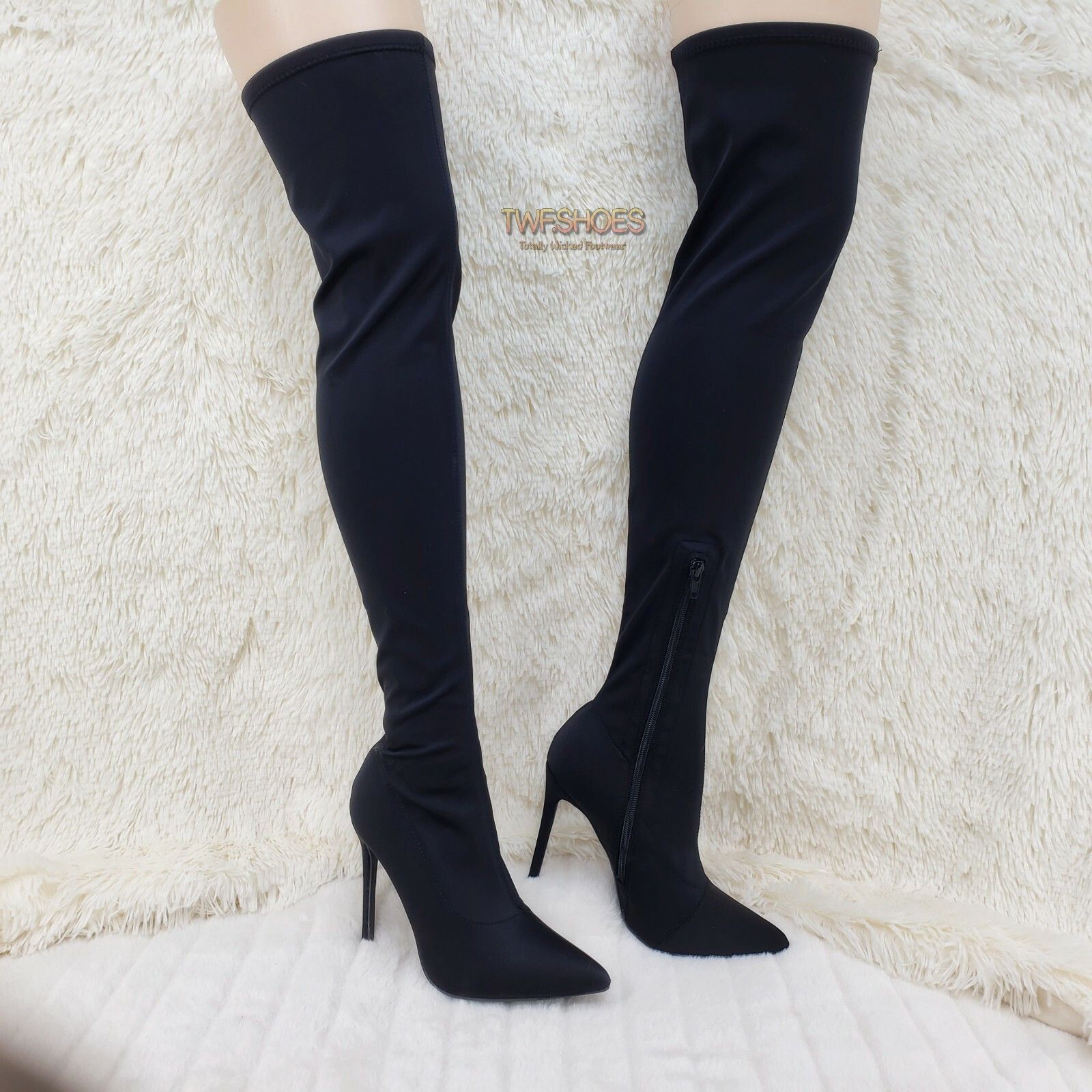 Other Mark Black Stretch Pointy Toe Stocking High Heel Thigh High Size US 10 / IT 40 - 6 Thumbnail