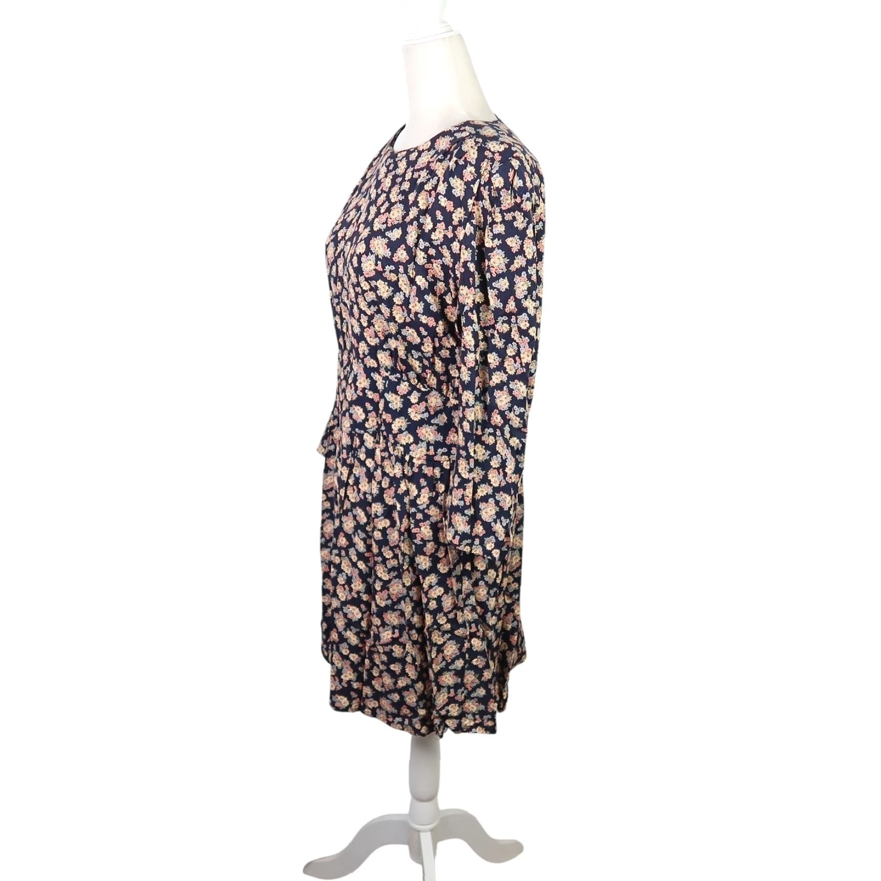Vintage VINTAGE Lisa Dress Bohemian 90s Floral Long Sleeve Mini Navy Blue Cream Womens 10 Size L / US 10 / IT 46 - 3 Thumbnail
