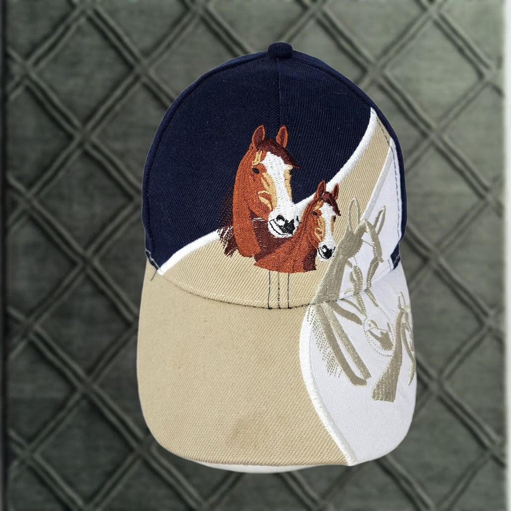 Vintage VINTAGE Horse Hat Cap Strap Back Embroidered Navy Tan White Equestrian Graphic Mens Size ONE SIZE - 1 Thumbnail