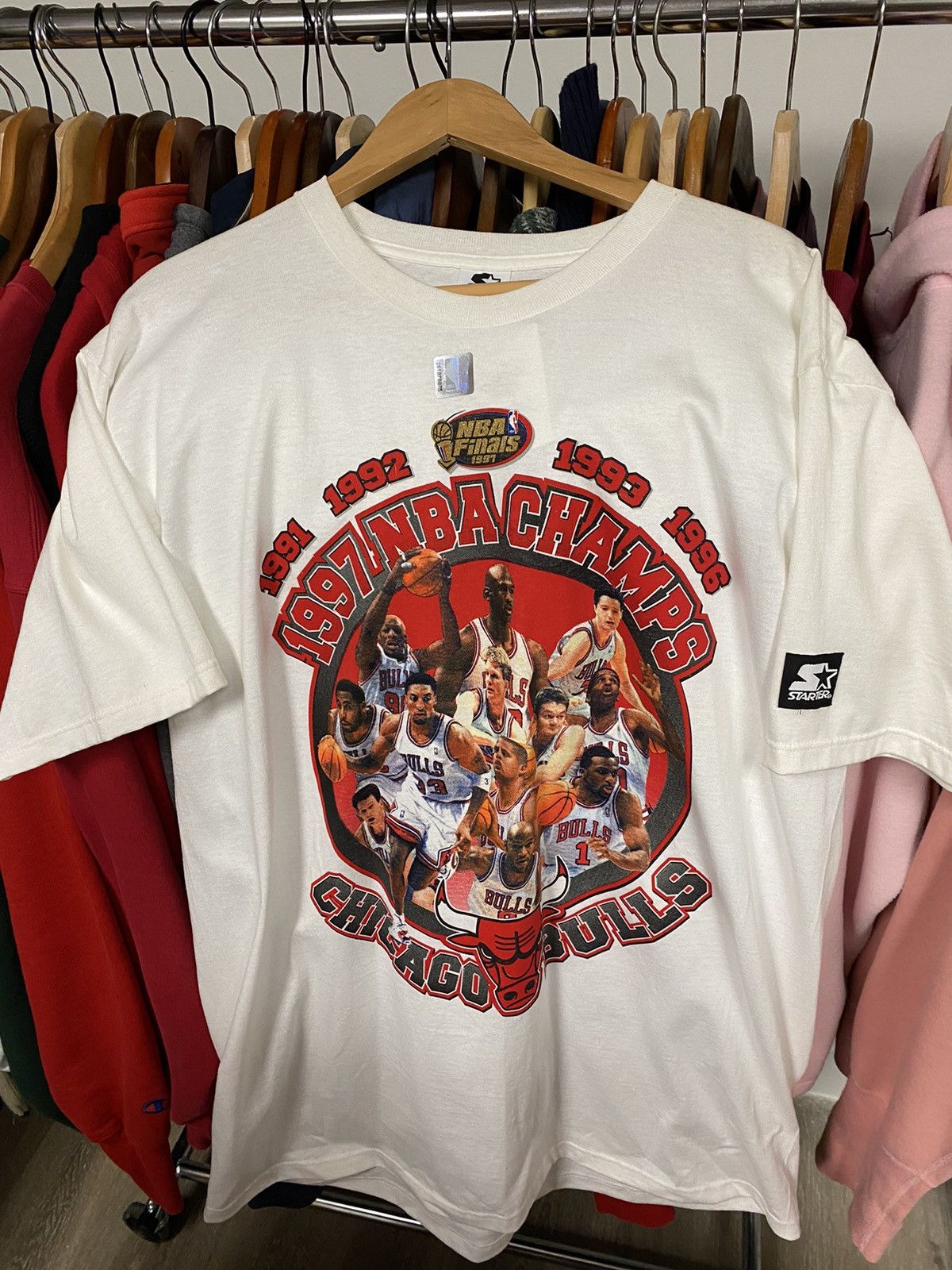 image of Starter x Vintage Chicago Bulls Championship Tee in White, Men's (Size Large)