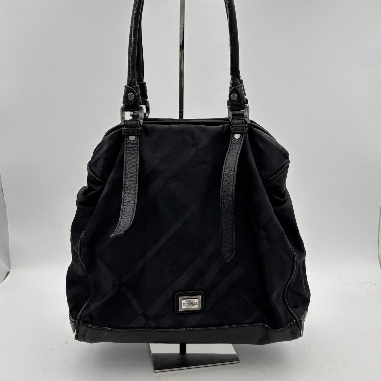 Burberry Burberry Black Tonal Check Nylon Leather Tote Bag Size ONE SIZE - 2 Thumbnail
