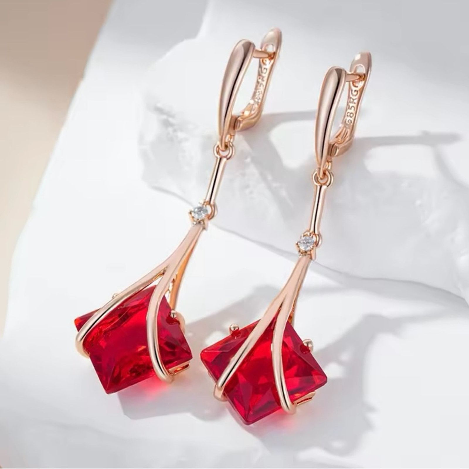 Other Square Red Zircon Long Drop Earrings for Women 585 Rose Size ONE SIZE - 4 Thumbnail