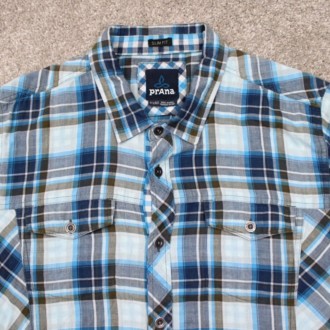 Prana prAna Zoltan Shirt Men XL Blue/White Slim Fit Organic Cotton Short Sleeve Button-Up Shirt Size US XL / EU 56 / 4 - 5 Thumbnail
