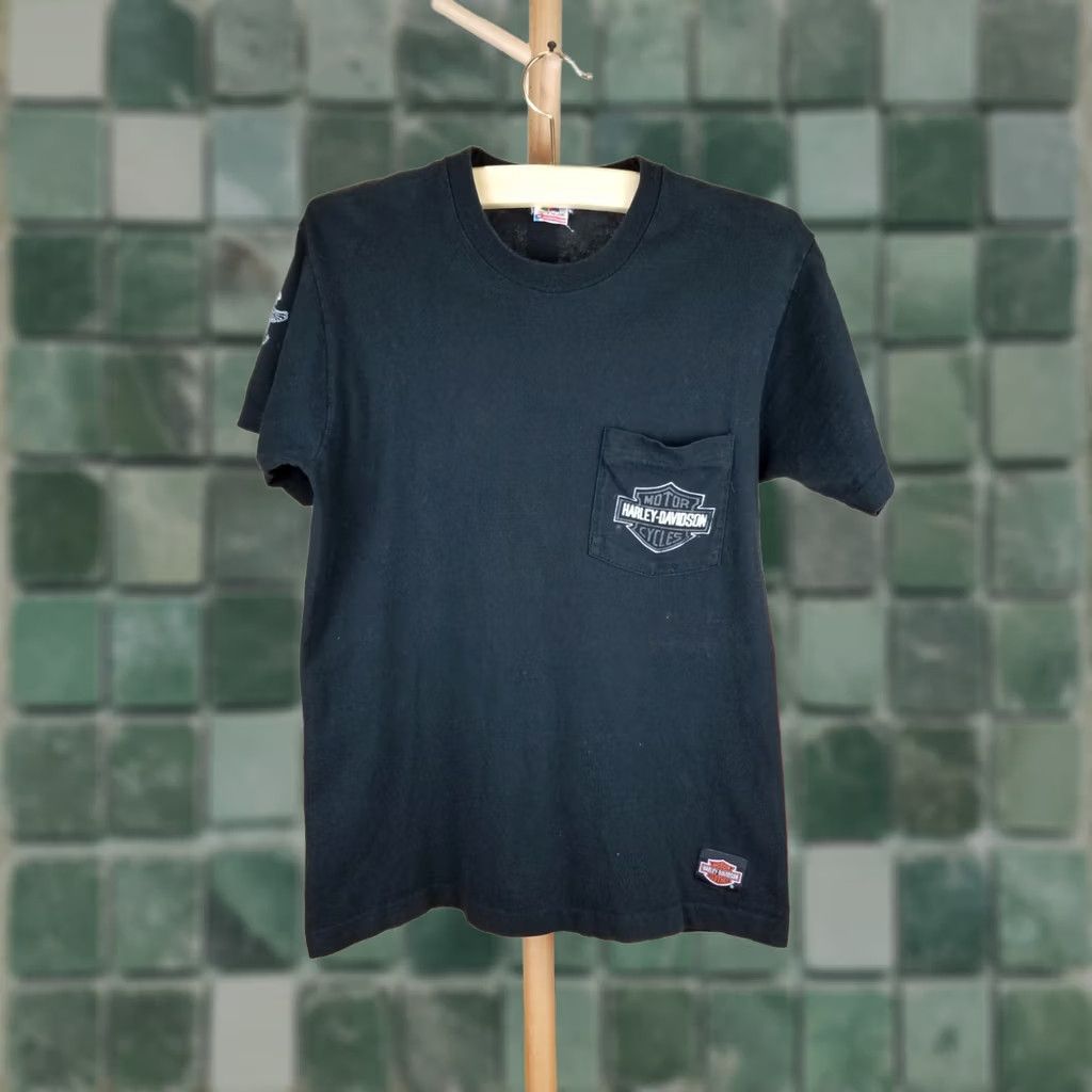 Harley Davidson VINTAGE HARLEY DAVIDSON T-SHIRT BLACK ONE POCKET SINGLE STITCH SZ MEDIUM 90' Mens Size US M / EU 48-50 / 2 - 1 Thumbnail