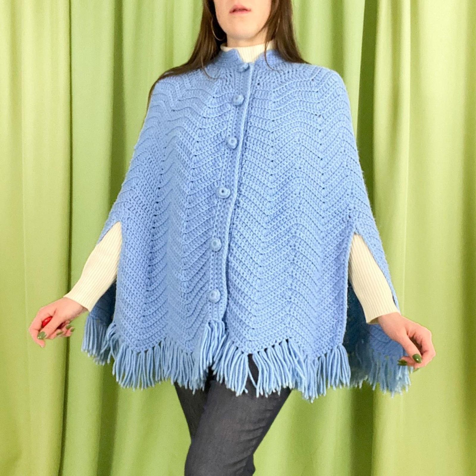 Vintage 70s Vintage Periwinkle Blue Chevron Knit Mock Neck Poncho Size 42" / US 20 - 1 Thumbnail