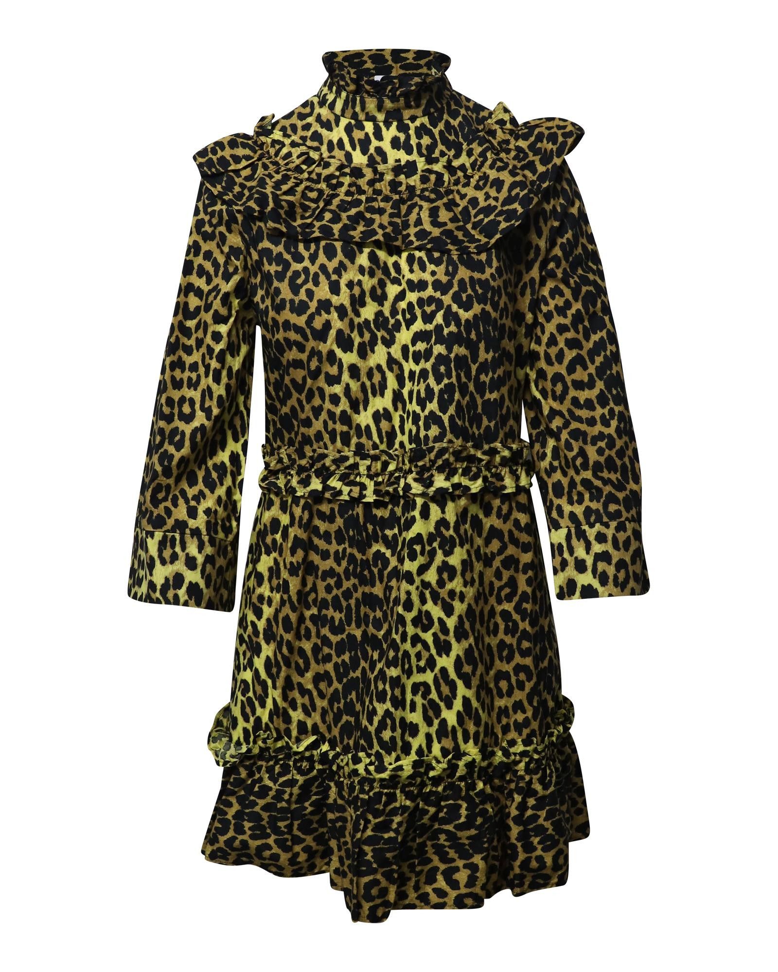 image of Leopard Print Ruffled Mini Dress In Yellow Cotton By Ganni, Women's (Size XS)