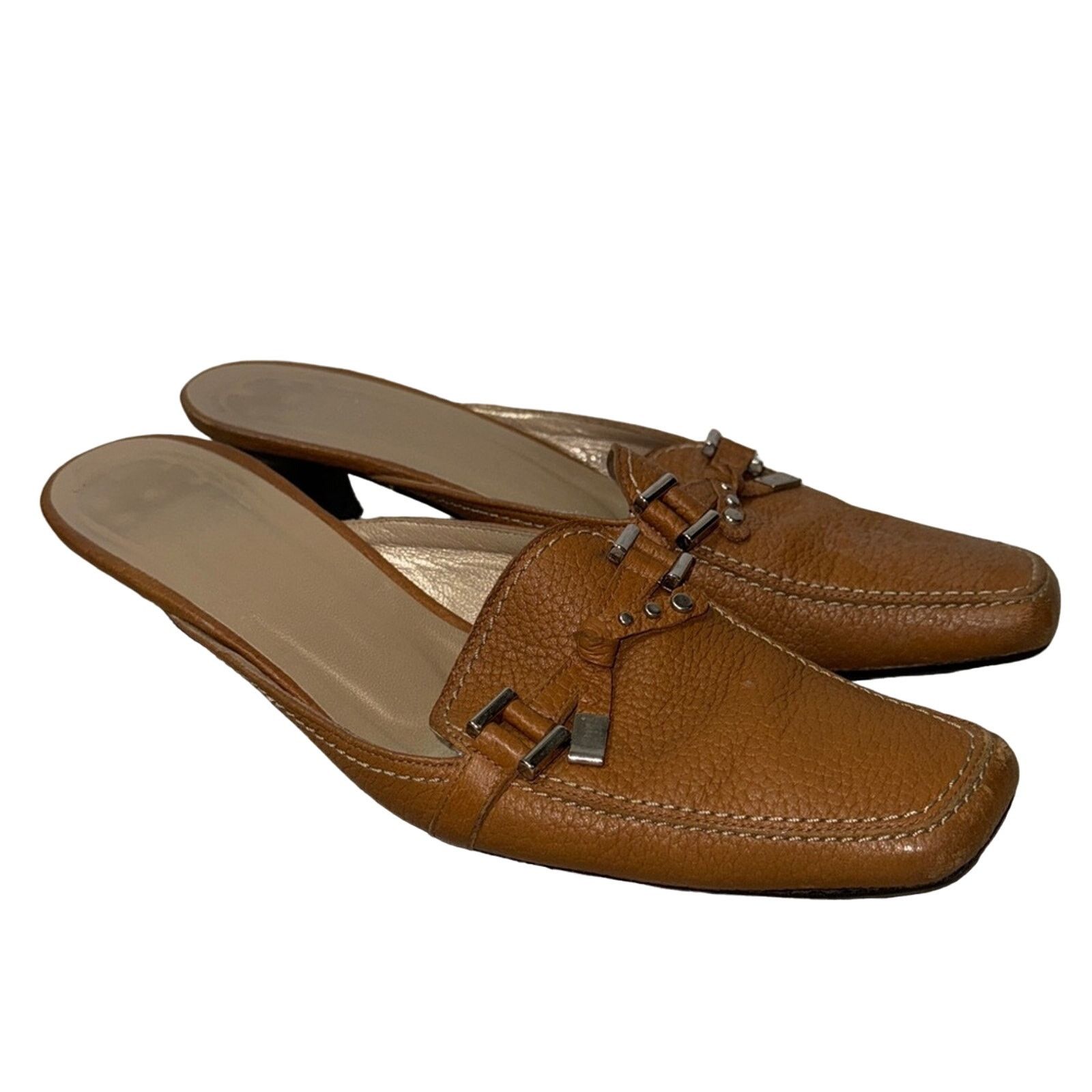 Stuart Weitzman STUART WEITZMAN Square Toe Tan Leather Loafer MULES Size US 7 / IT 37 - 1 Thumbnail