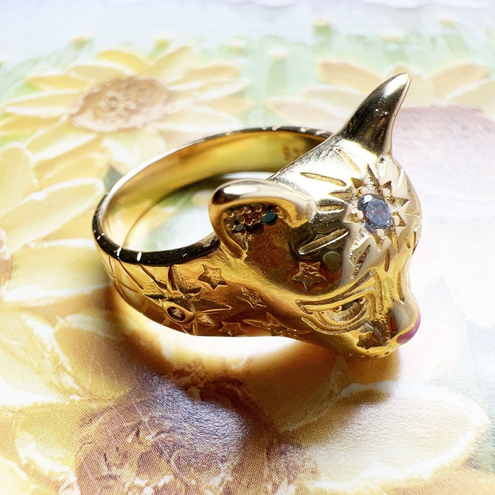 Sterling Silver SIZE 9 925 Silver Gold Plated Bohemia Cat Spring Ring Size ONE SIZE - 2 Thumbnail