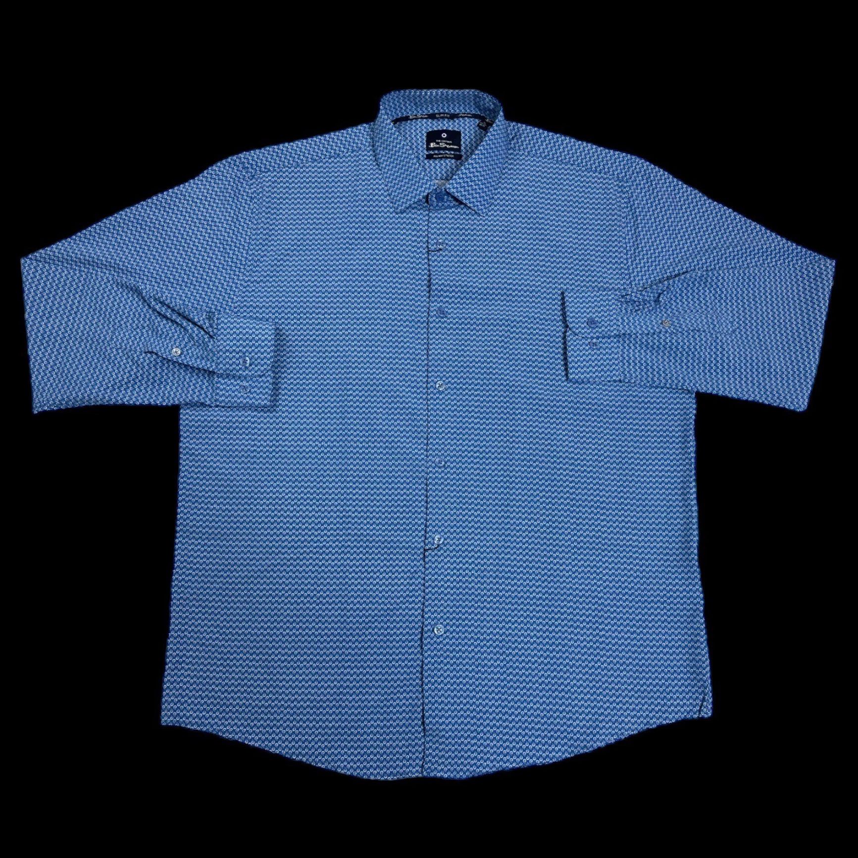 Ben Sherman Mens XL Slim Fit Stretch Geometric Swirls Blue Long Sleeve Button Up Shirt