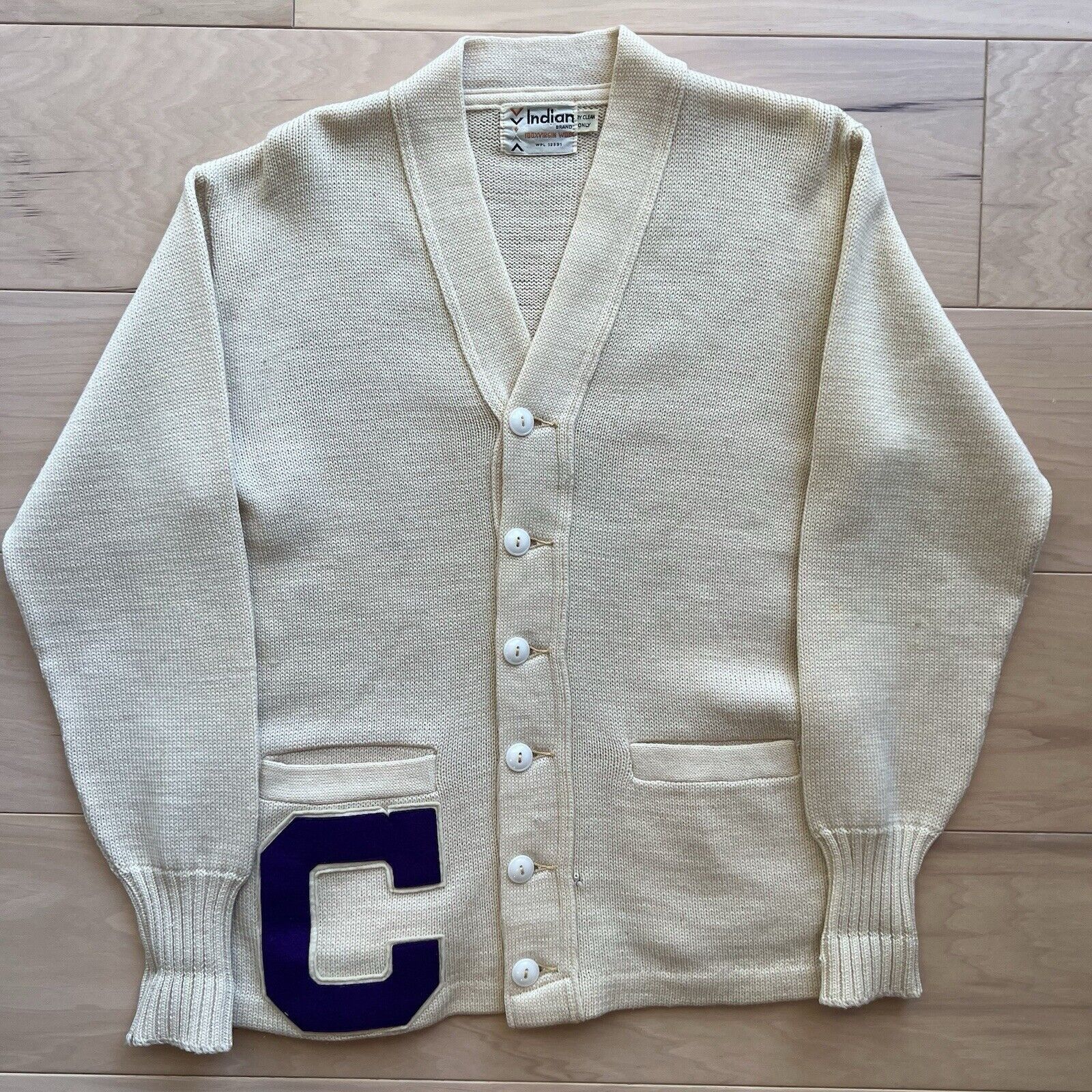Vintage Vintage Letterman Cardigan S Beige Wool Sweater 60s Indian Size US S / EU 44-46 / 1 - 2 Thumbnail